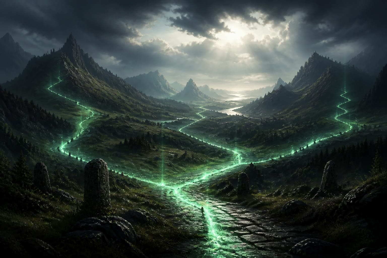 Original highland landscape with branching green paths representing an enhanced game update