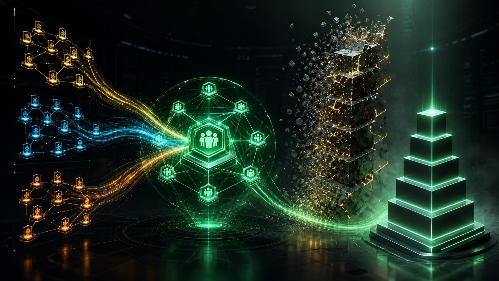 Original network illustration showing multiple clan groups merging while an old ranking tower resets