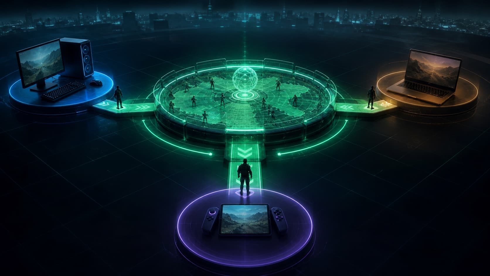 Original shared tactical arena connected to three generic gaming systems representing The Division 2 crossplay