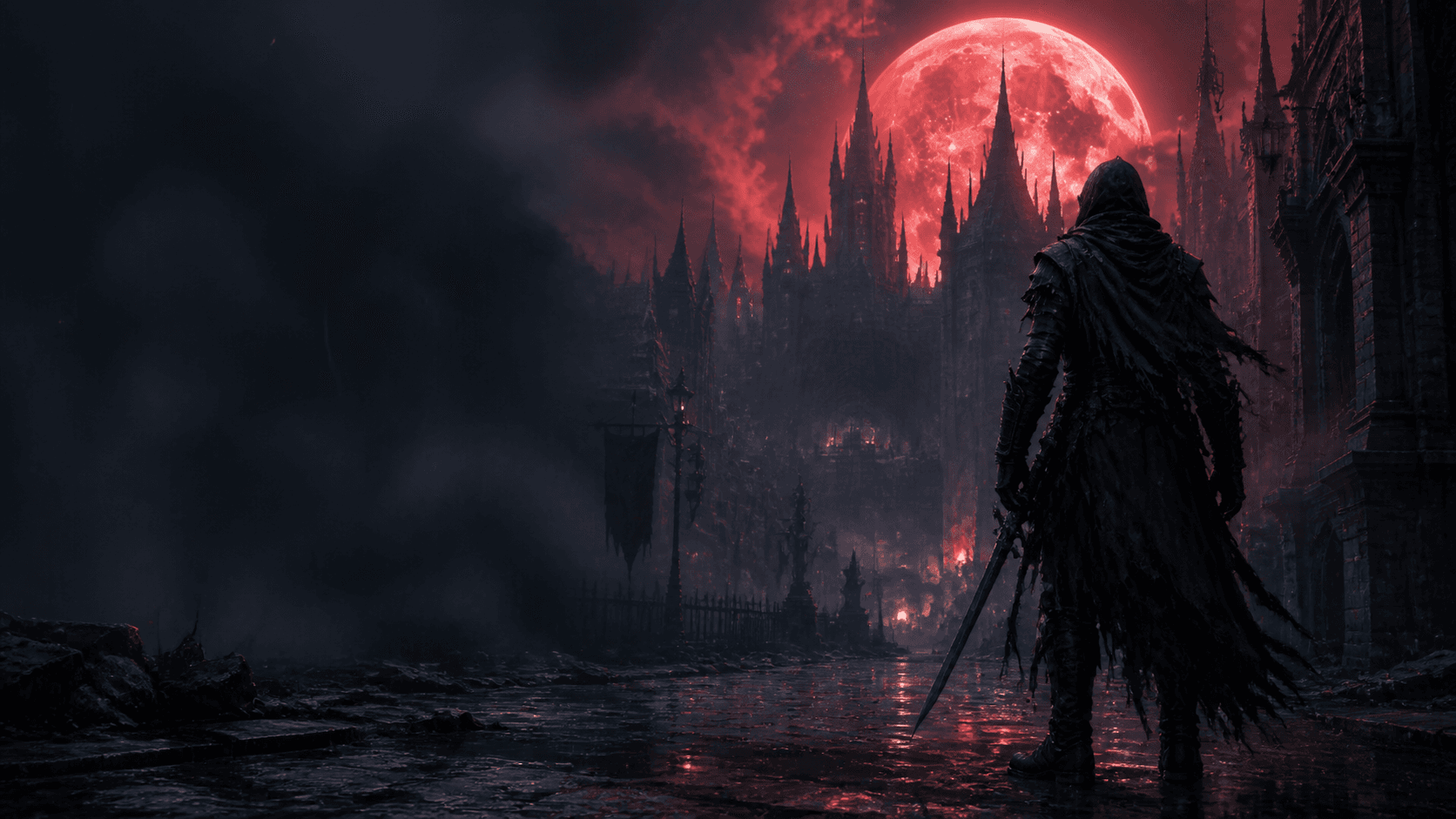 Original dark gothic game scene with a hooded wanderer beneath a red moon