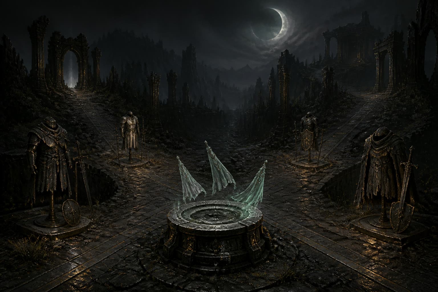 Original dark-fantasy crossroads with armor stands and spectral mount ornaments representing a compact DLC pack