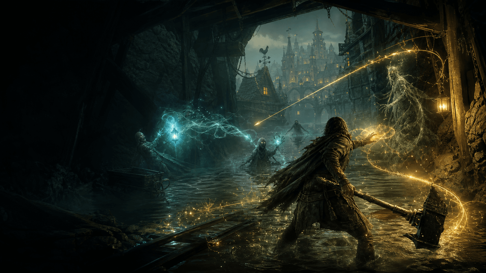 Original anonymous fantasy adventurer weaving melee, ranged, and magic attacks in a flooded haunted mine