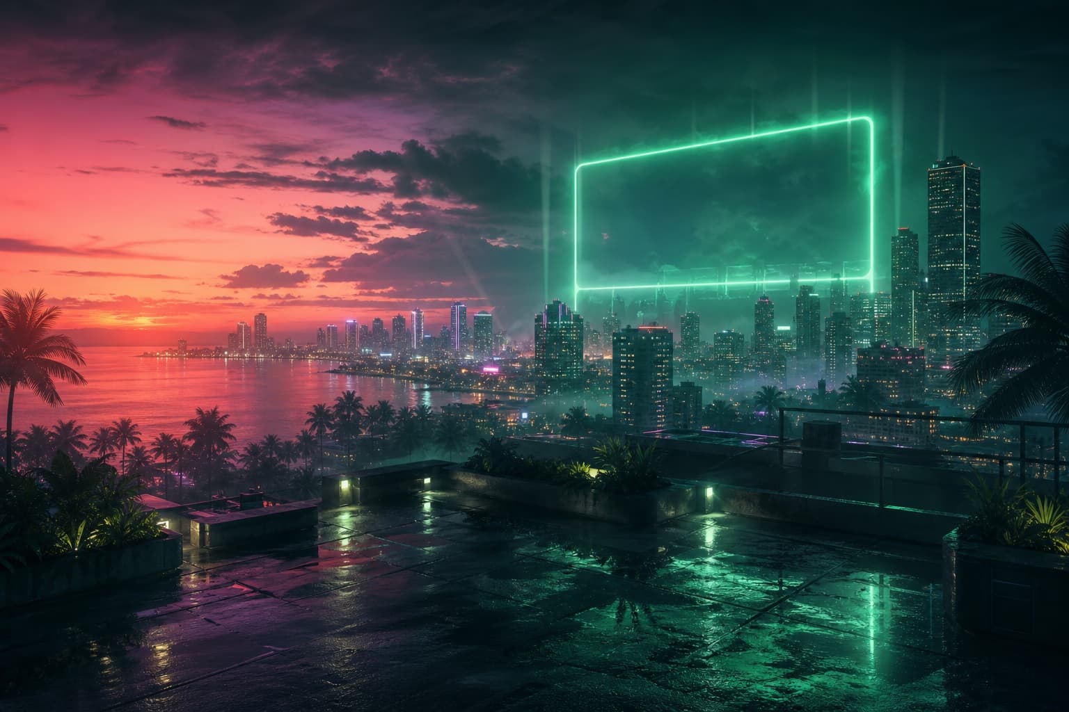 Original neon coastal-city broadcast concept representing the GTA VI Extended Look streaming event