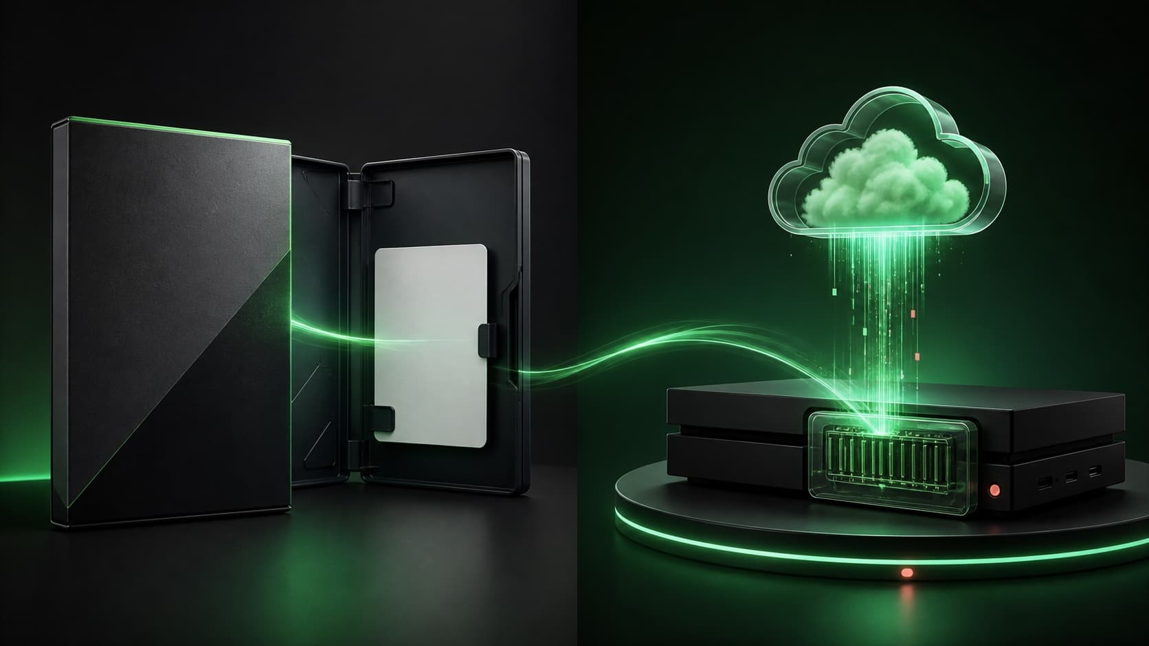 Original split studio illustration showing a blank code-in-box case and an unbranded cloud game download