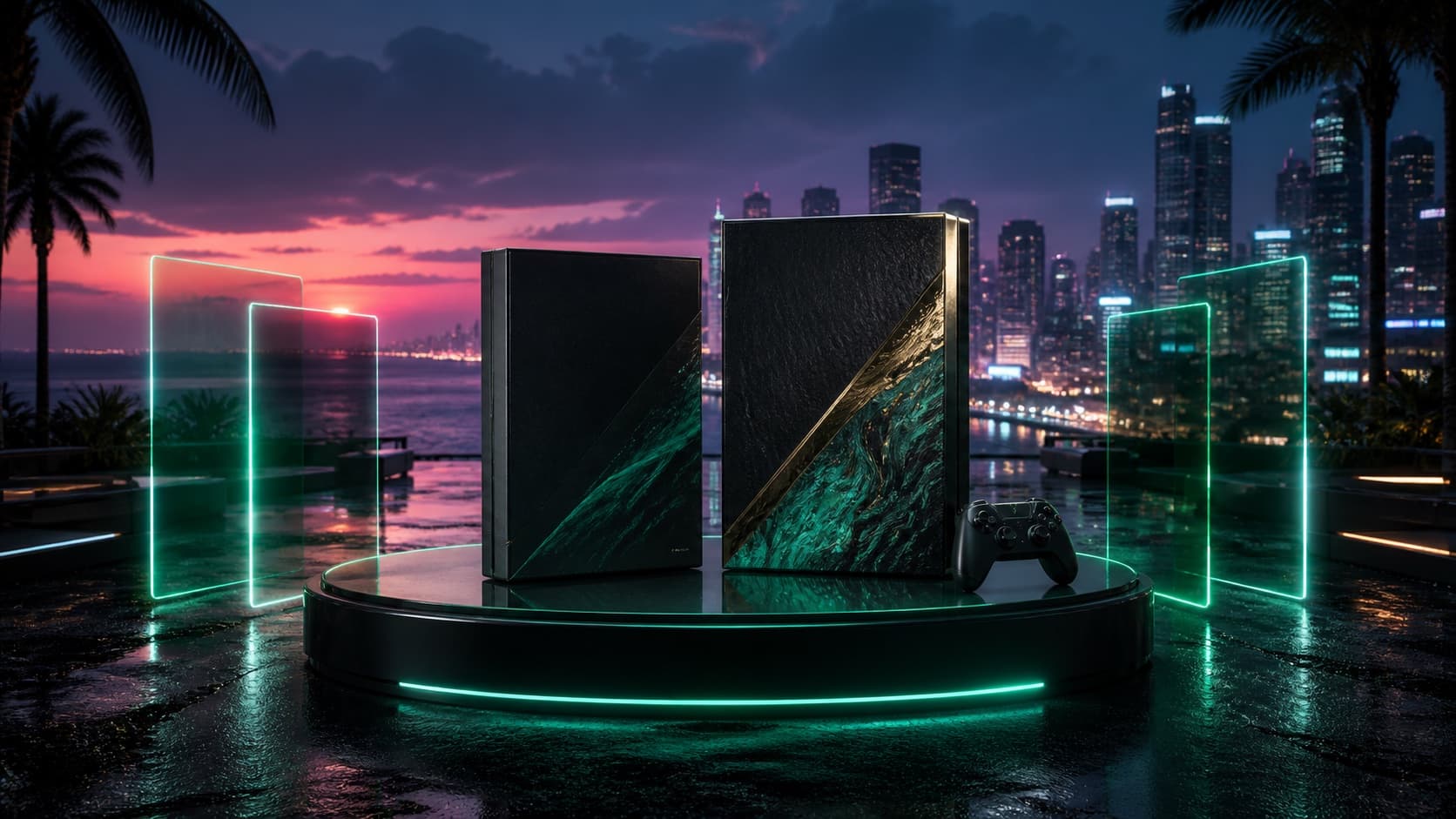 Original neon coastal-city scene with two unbranded game editions representing GTA VI preorder choices