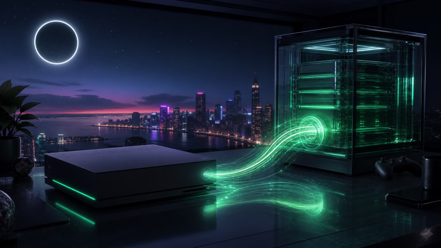 Original midnight coastal-city download scene representing the confirmed GTA VI preload window