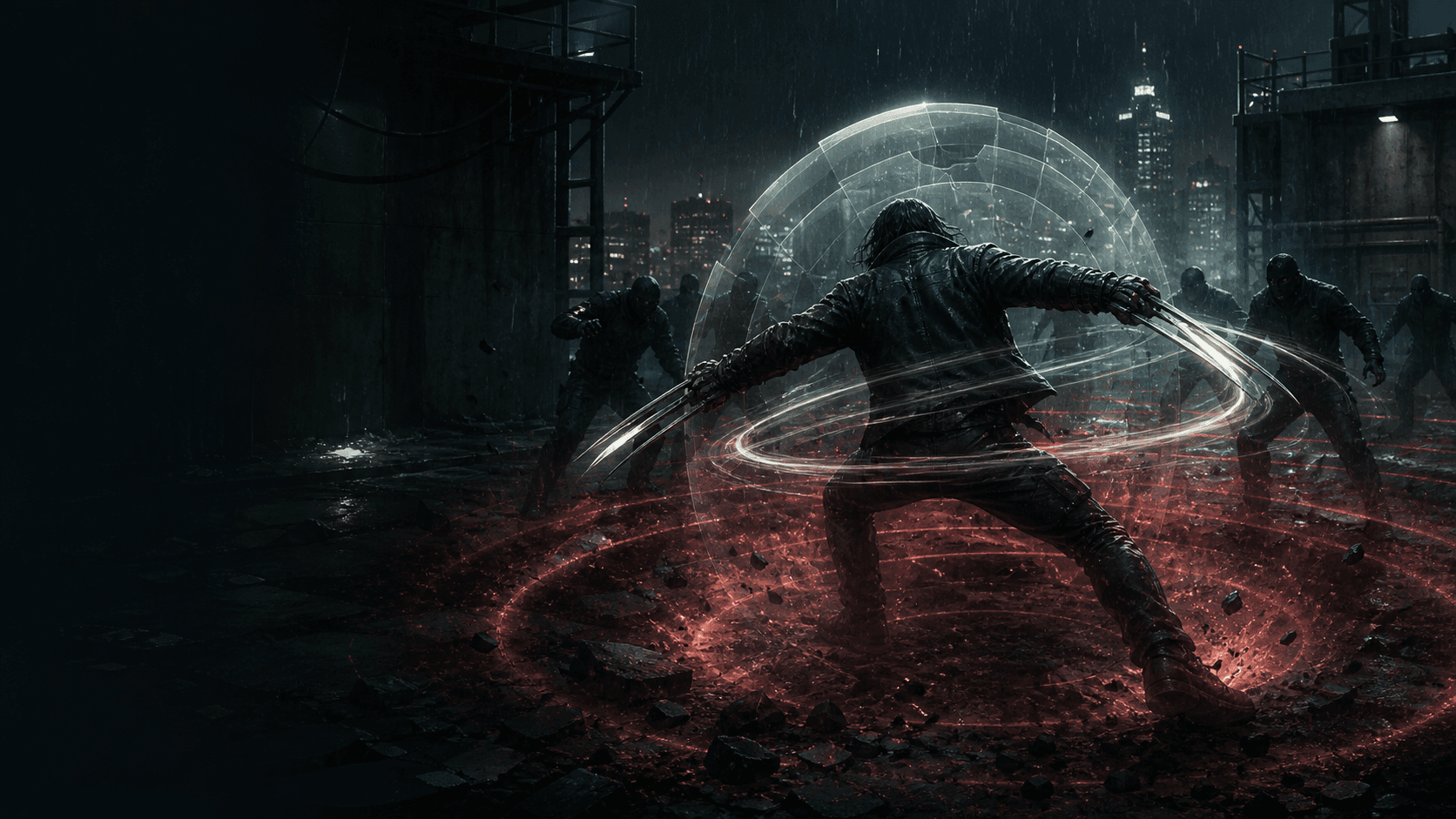 Original anonymous close-combat operative surrounded by blade trails, adaptation shields, and a three-tier rage pulse