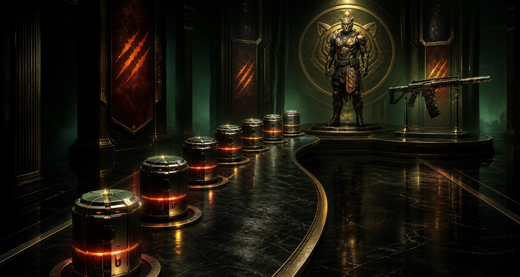 Original tactical reward gallery with eight capsules, armor mannequin, and unbranded rifle display