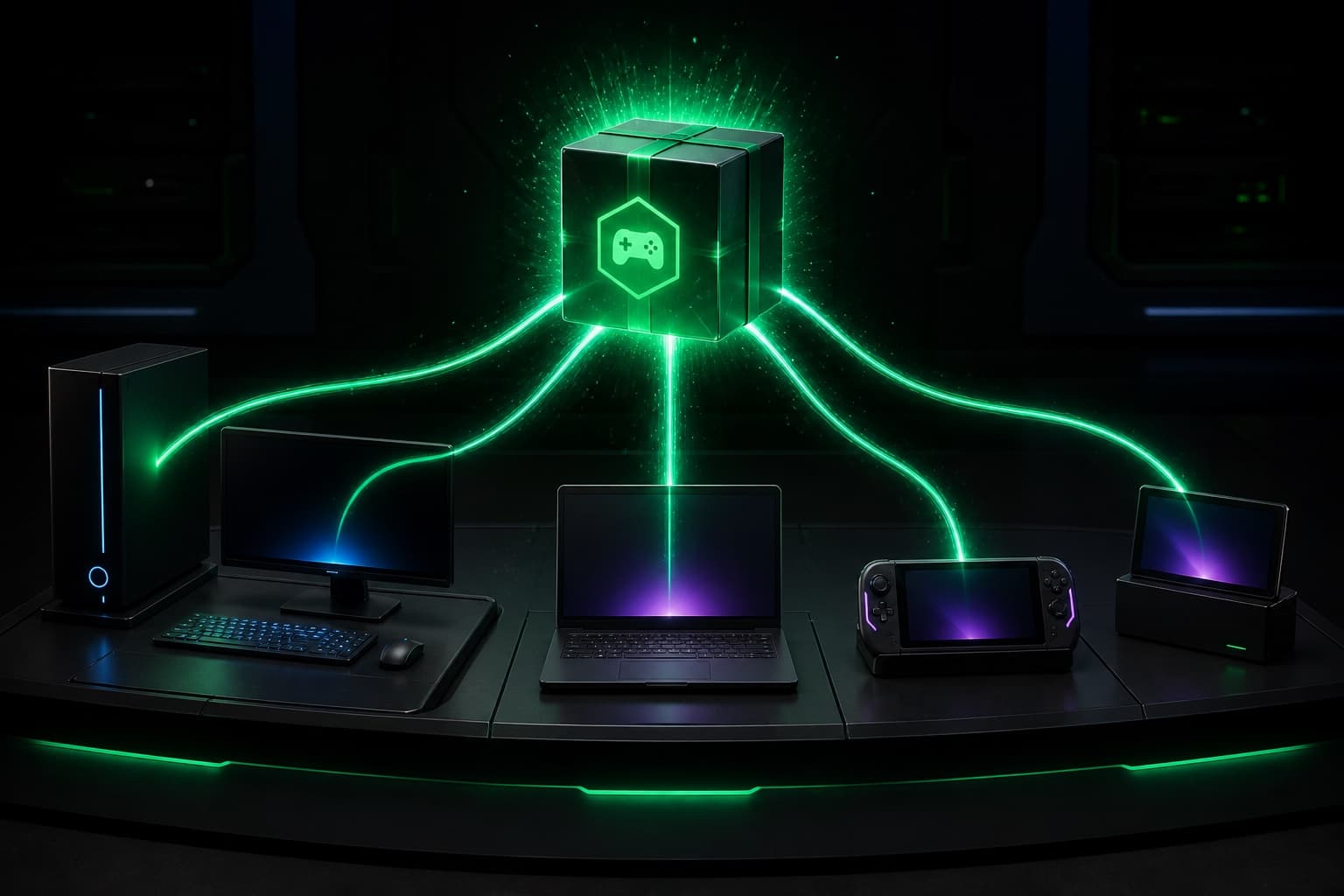Original cross-platform download scene with a beta package flowing to generic gaming devices
