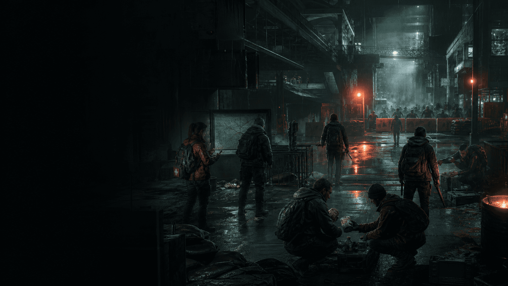 Original team of anonymous emergency responders coordinating supplies in a rain-dark abandoned transit terminal