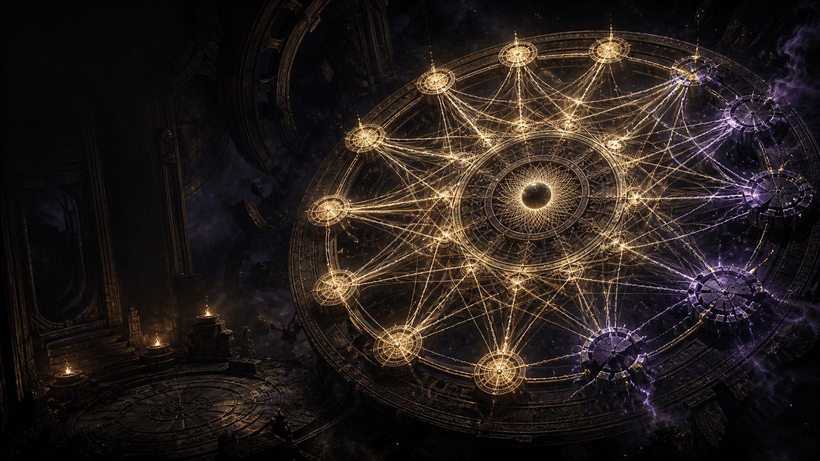 Original celestial loom with antique-gold thread nodes and restrained violet corruption