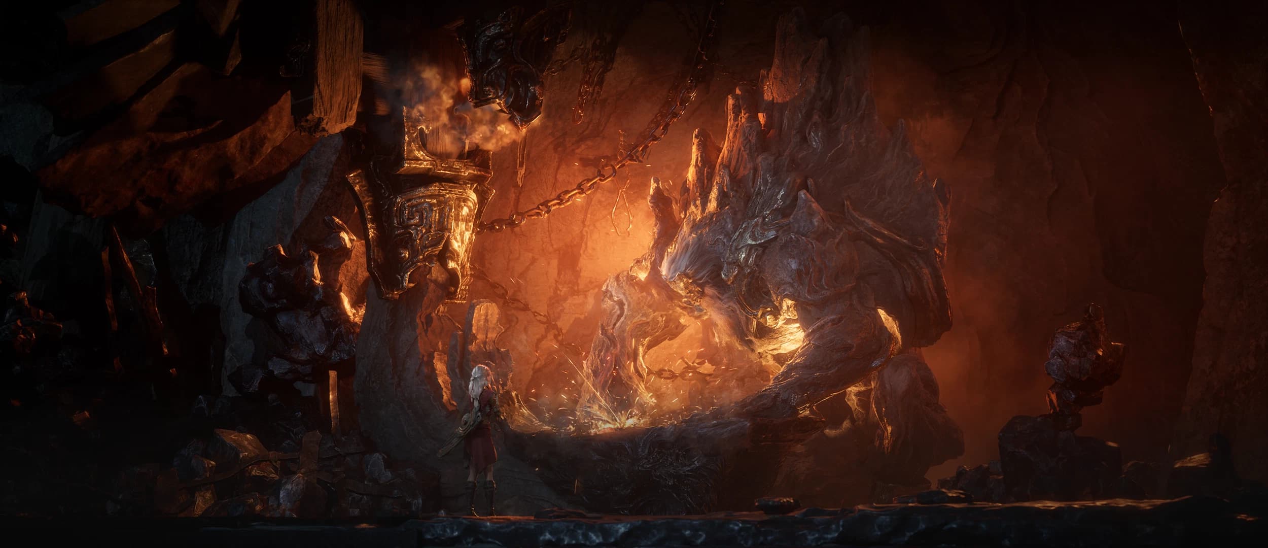 Official Nodusfall promotional still of a Weaver confronting a chained molten creature