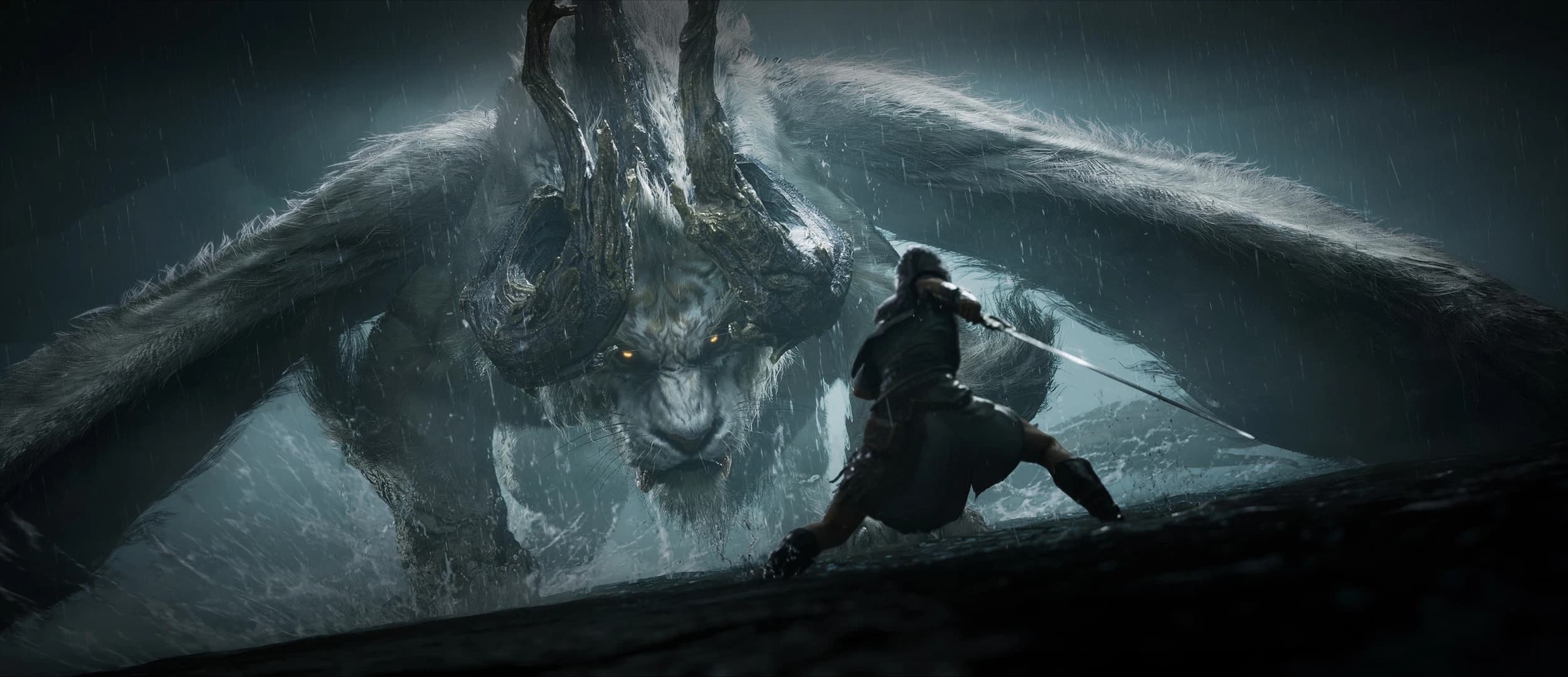 Official Nodusfall promotional still of a Weaver facing a colossal horned beast in rain
