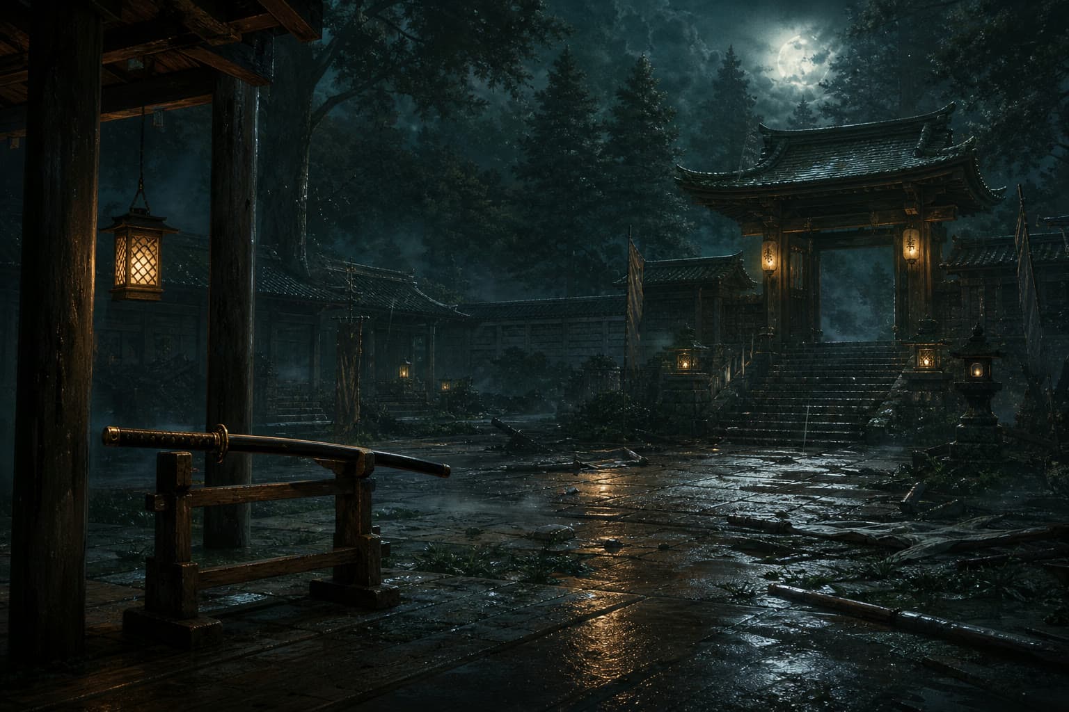 Original moonlit temple courtyard representing the Onimusha demo