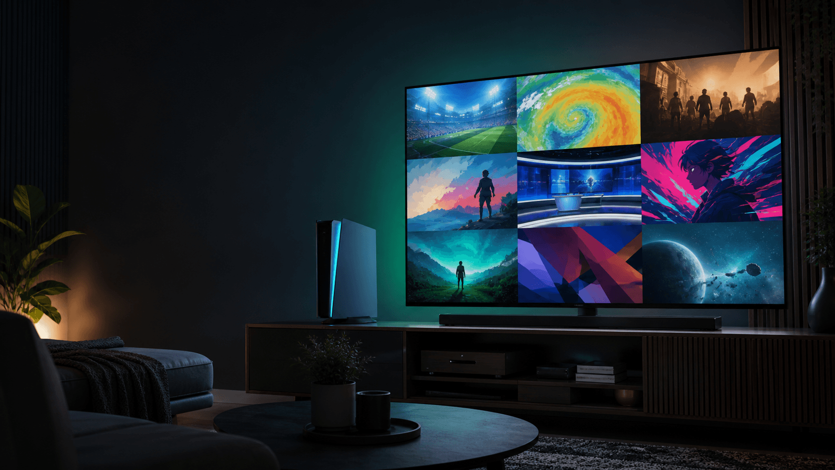 Original dark living room with a generic game console and television displaying abstract sports, weather, news, cinema, and animation channels