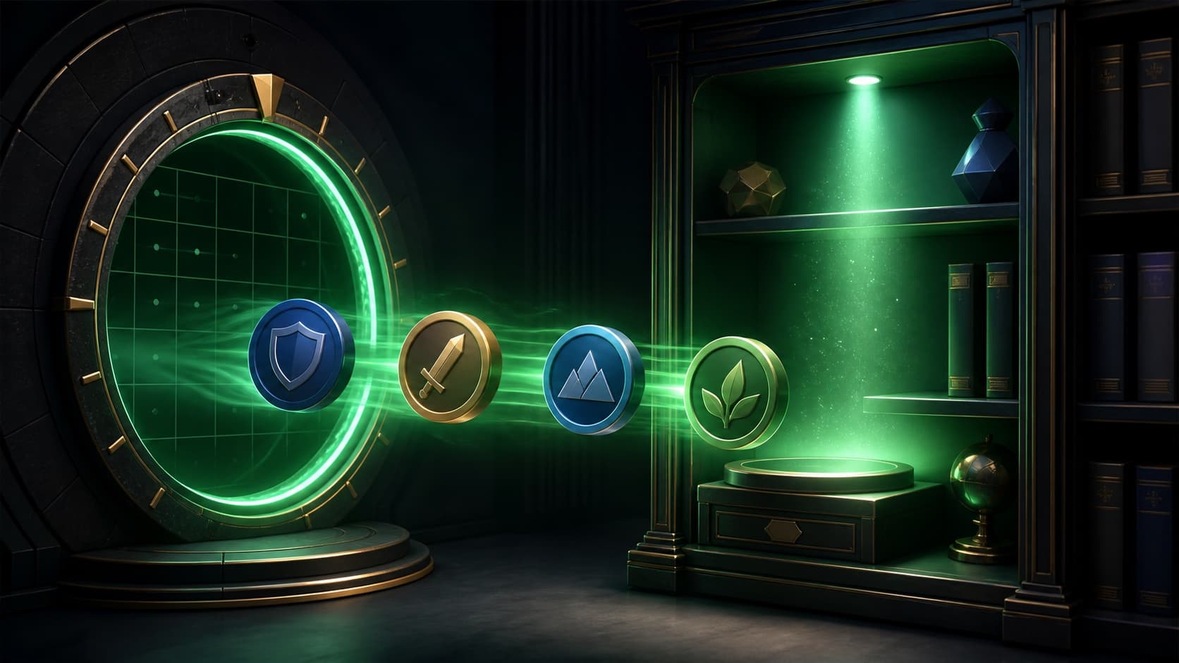 Original digital-library illustration showing four game tokens moving through a claim gate onto a shelf
