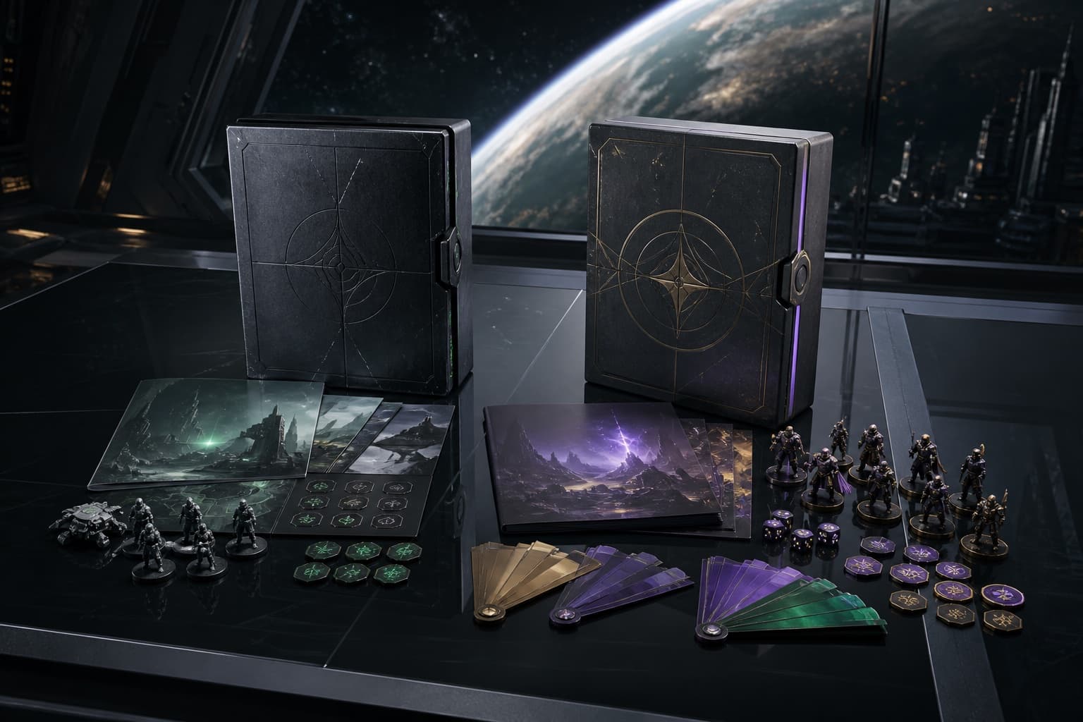 Original standard and deluxe science-fiction tactics dossier cases with cosmetic tokens