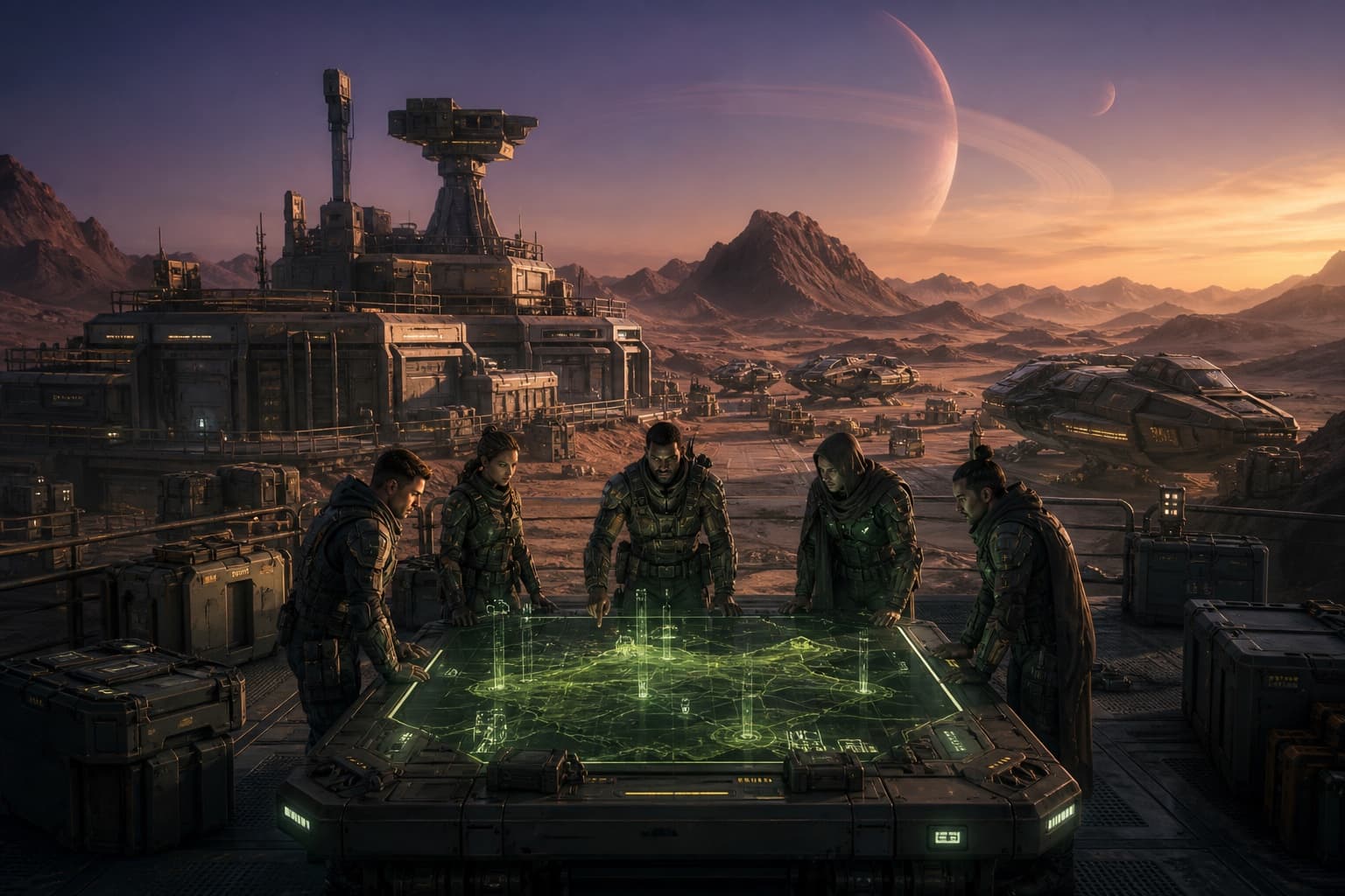 Original science-fiction tactical squad planning at a desert-moon command outpost