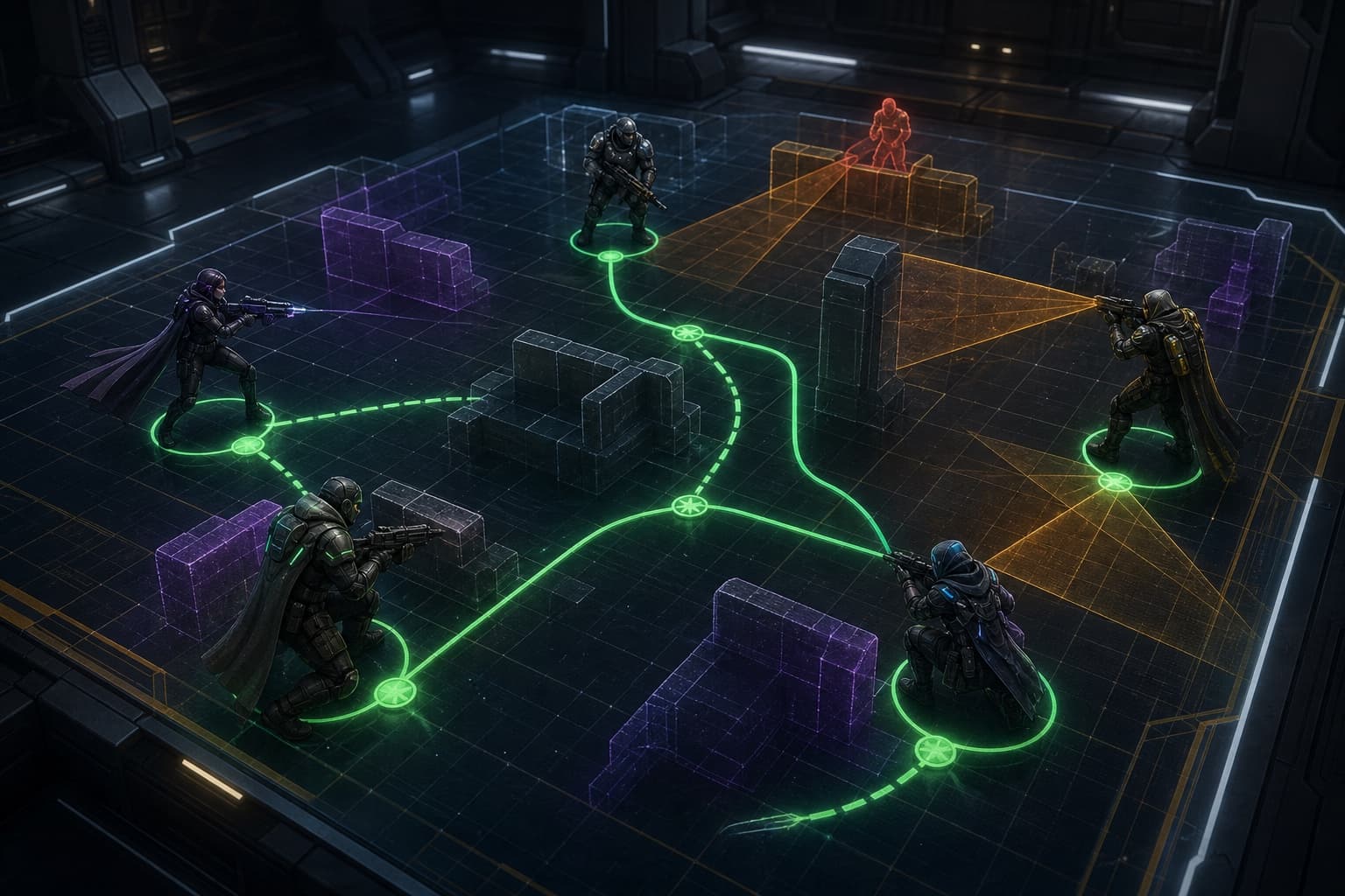 Original tactical grid showing five anonymous operatives coordinating movement and assists around cover