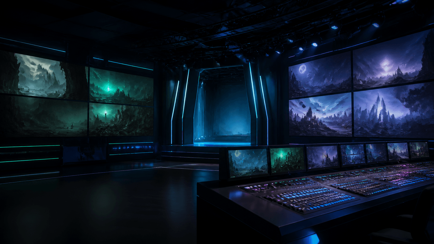 Original gaming broadcast control room with abstract fantasy displays and a central illuminated stage portal