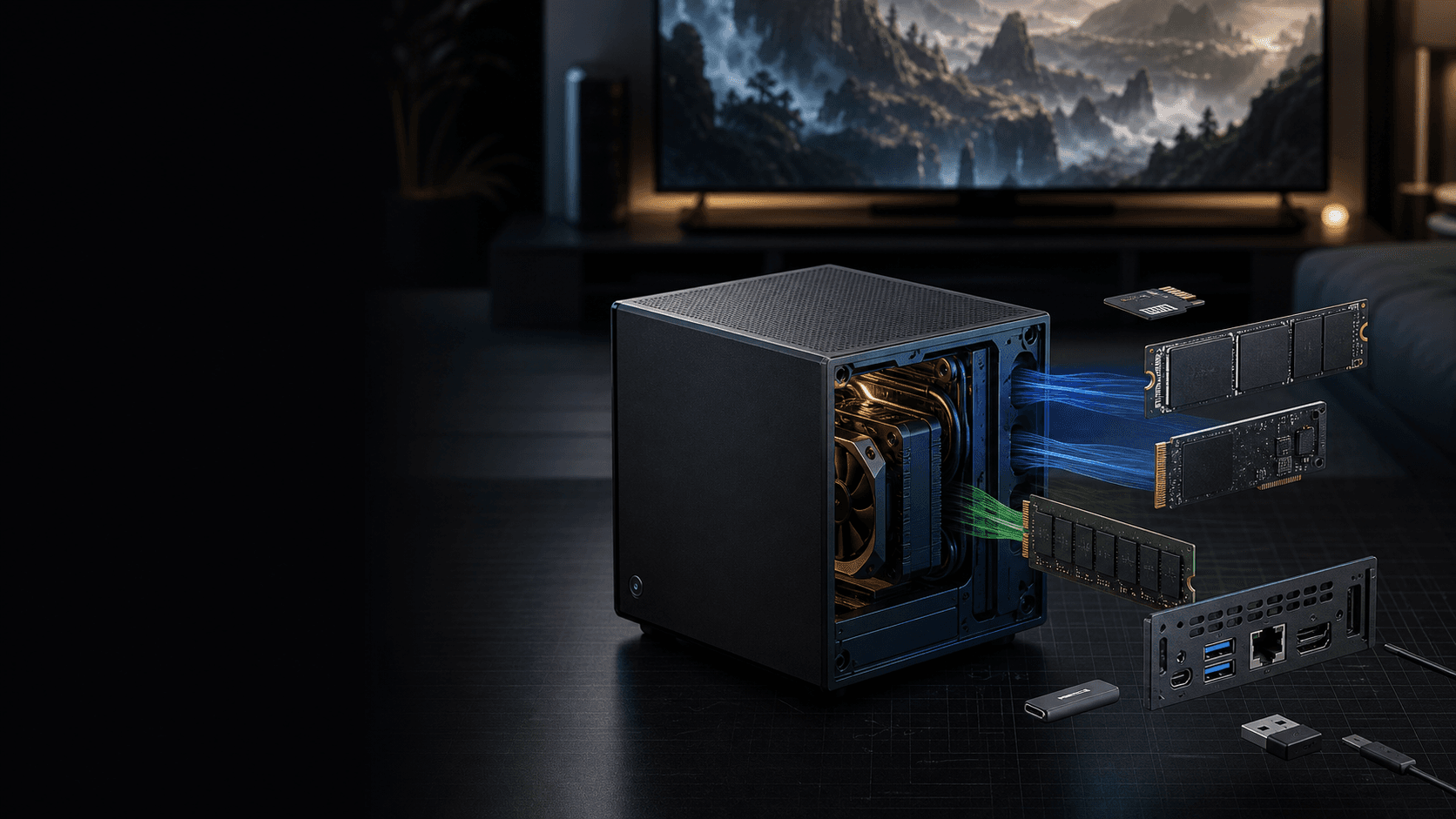 Original compact living-room gaming PC with exploded storage, memory, cooling, display ports, ethernet, USB-C, and USB-A modules