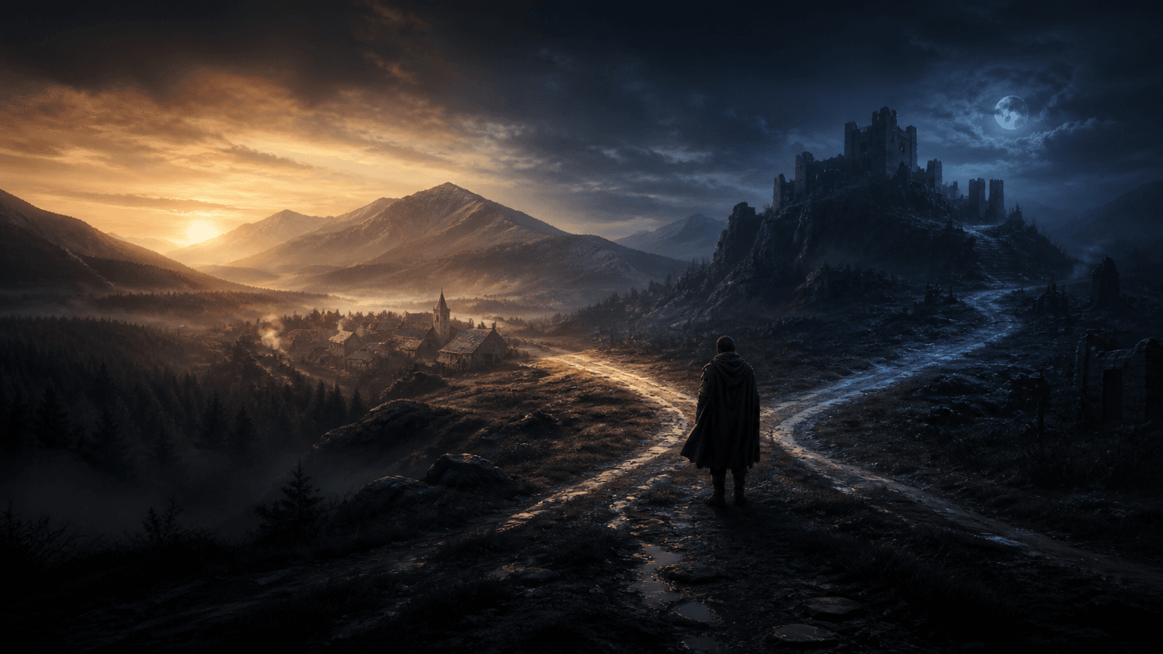 Original medieval traveler at a crossroads between a dawn-lit valley village and a moonlit ruined fortress
