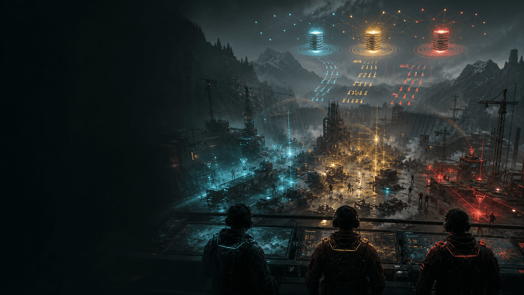 Original three-team multiplayer server stress test across a fictional industrial mountain battlefield with network nodes and queue signals