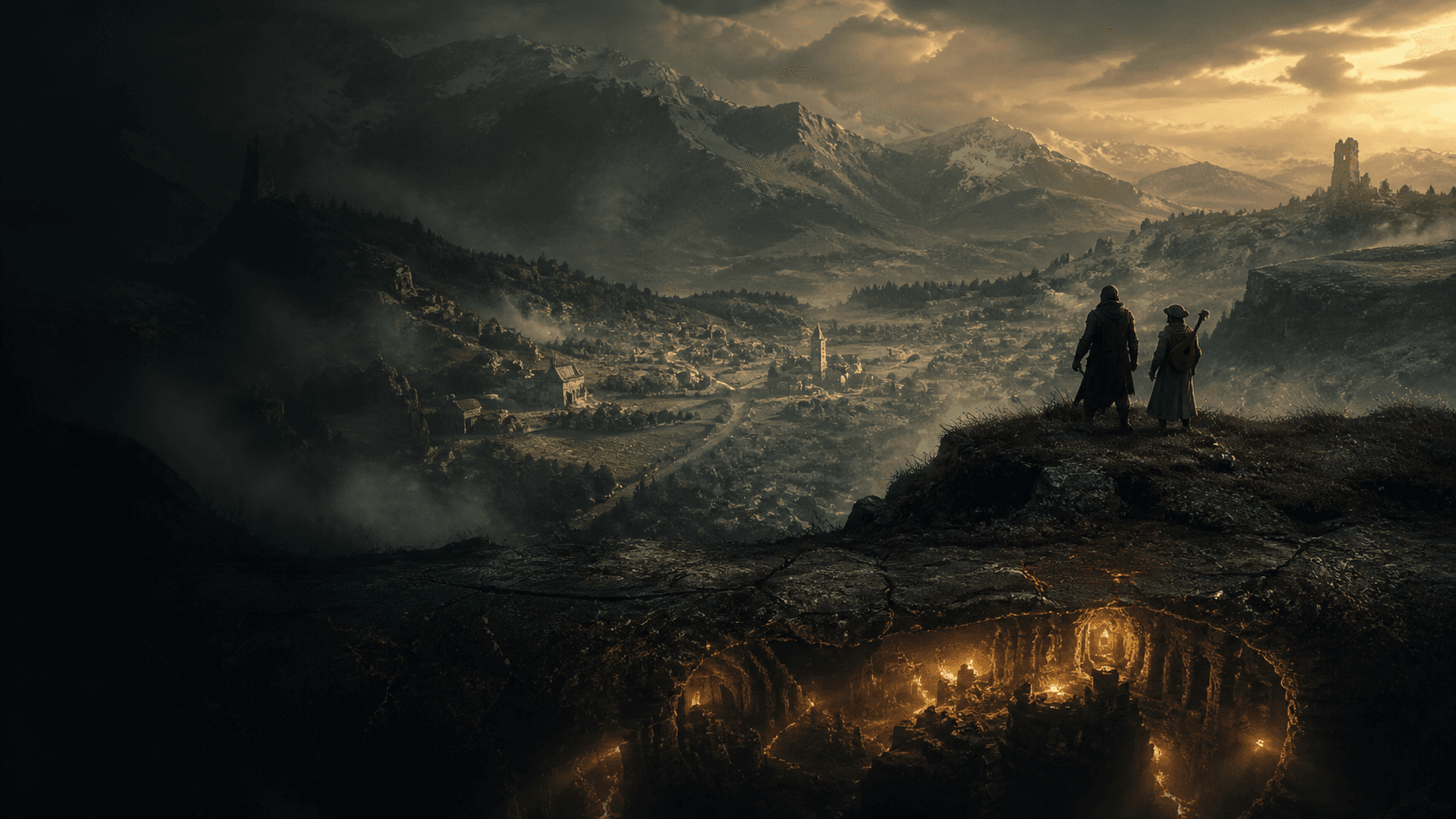 Original idyllic northern valley with two anonymous travelers overlooking a hidden underground dark-fantasy secret