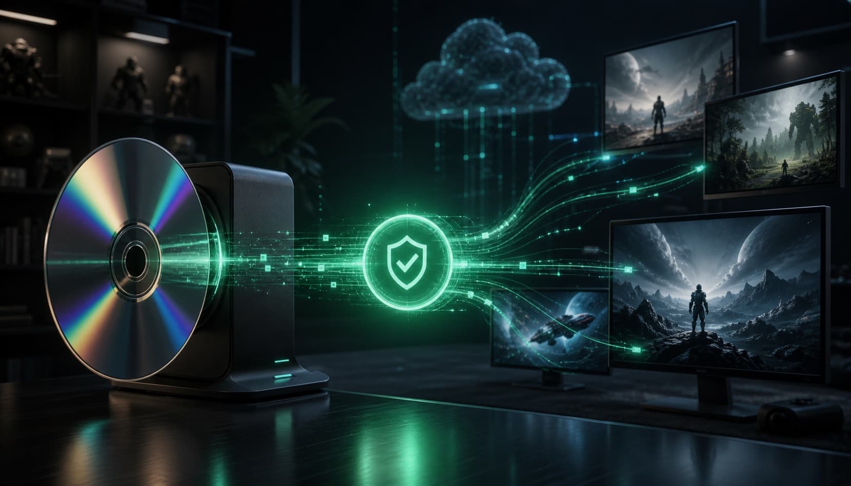 Original physical disc converting into a secure digital entitlement across generic gaming screens