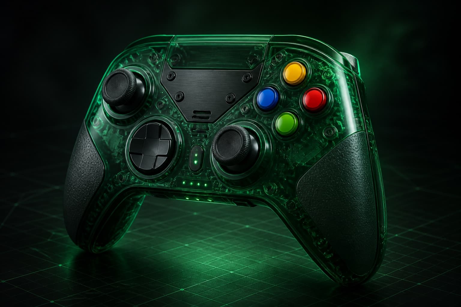 Original unbranded translucent-green wireless gamepad concept representing anniversary controller hardware