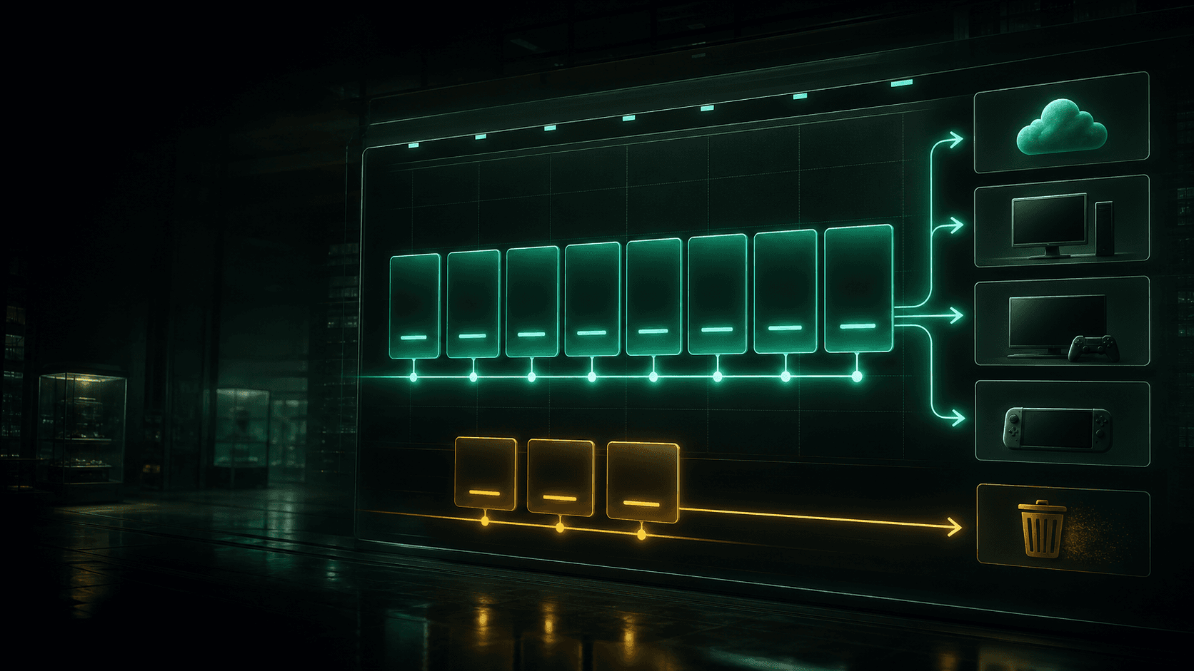 Original subscription game library timeline routing upcoming titles to cloud, PC, console, and handheld devices with a separate leaving-soon lane